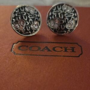 Coach Silver Stud Earrings w/ Hearts & Signature "C" Design
